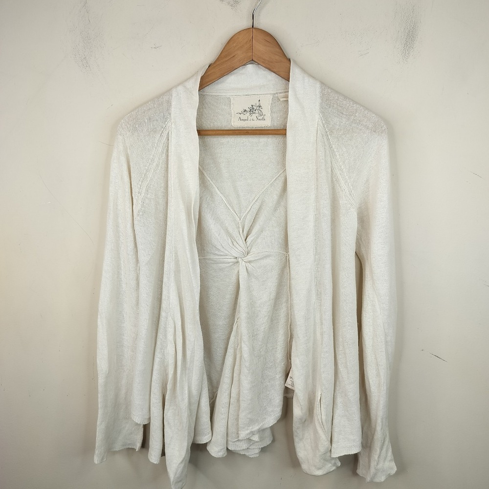 Angel of the North Linen Knit Cardigan Medium Twist Back Open Front White